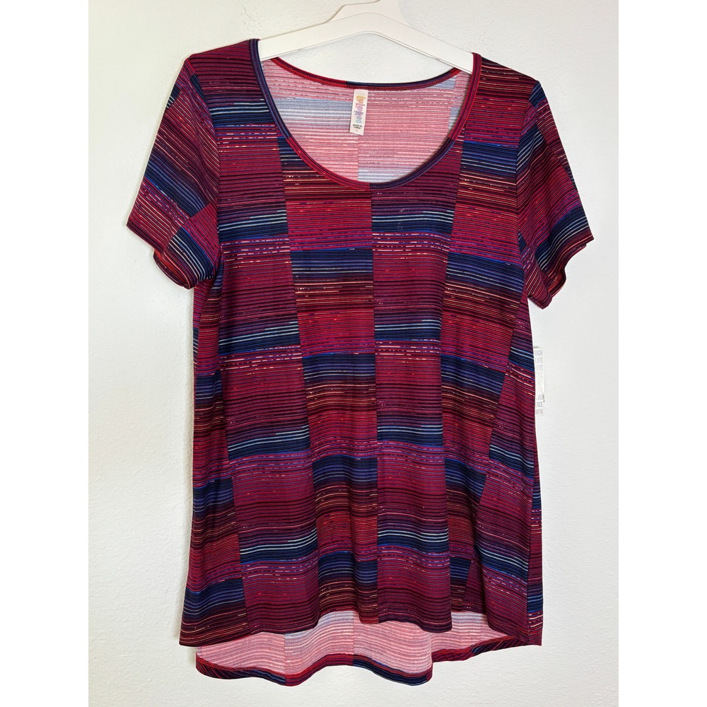 LuLaRoe Classic T Shirt Womens Large Red Purple Striped Short Sleeve High Low